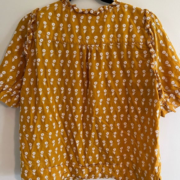 JCrew Mustard Peasant Blouse White Embroidered Flowers Keyhole Front - Picture 8 of 12